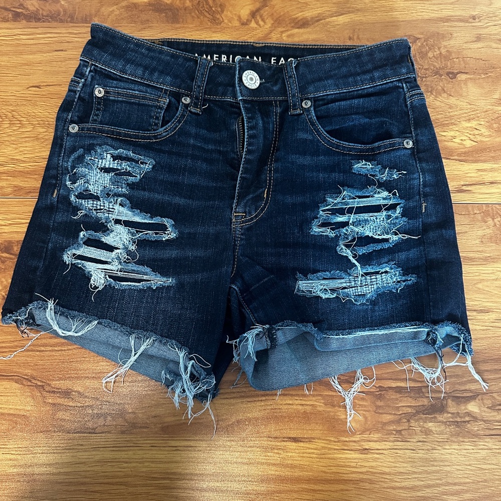 American Eagle Outfitters Women's Ripped Jean Shorts - Dark Blue